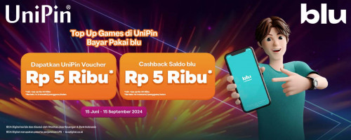 Dapatkan Bonus Voucher UniPin Rp 5 Ribu & Cashback Saldo blu Rp5 Ribu Setiap Top Up di UniPin Pakai blu